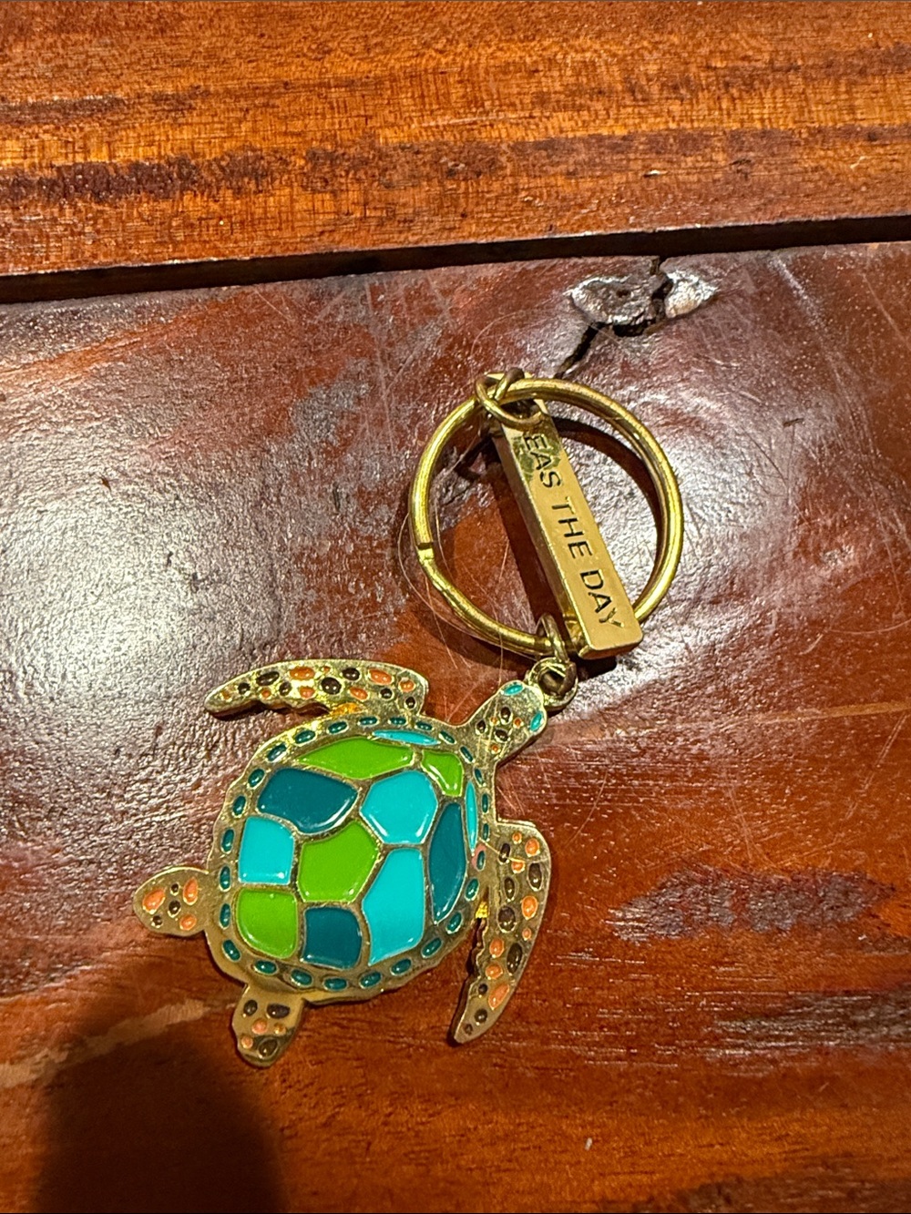 Sea Turtle Keychain in Turquoise & Green - Brass Finish